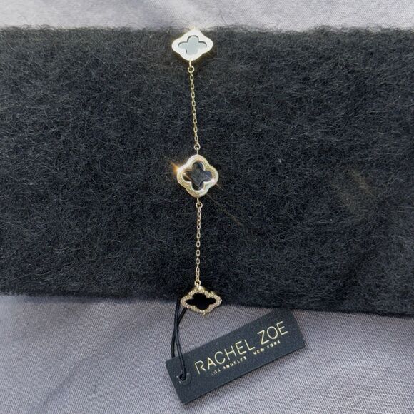 NWT Rachel Zoe Black Onyx Clover Bracelet 18K Gold Vermeil over Sterling Silver - Picture 2 of 6